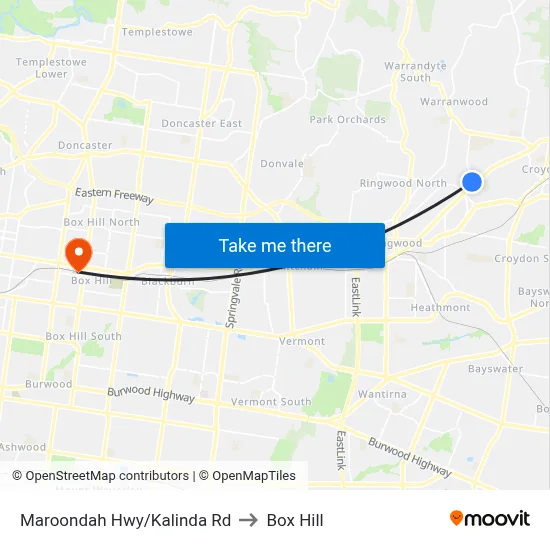 Maroondah Hwy/Kalinda Rd to Box Hill map