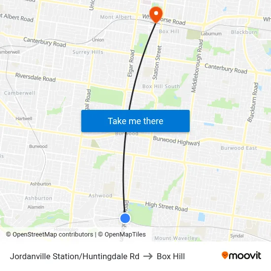 Jordanville Station/Huntingdale Rd to Box Hill map