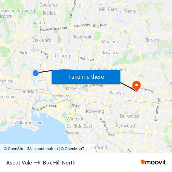 Ascot Vale to Box Hill North map