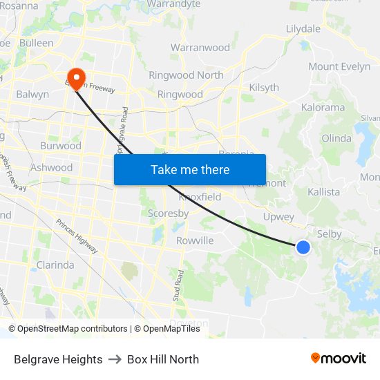 Belgrave Heights to Box Hill North map