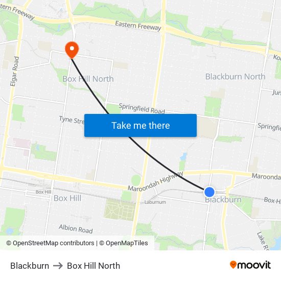 Blackburn to Box Hill North map