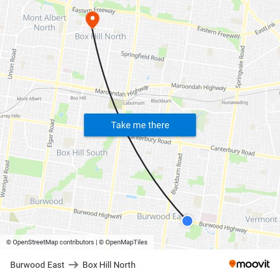 Burwood East to Box Hill North map