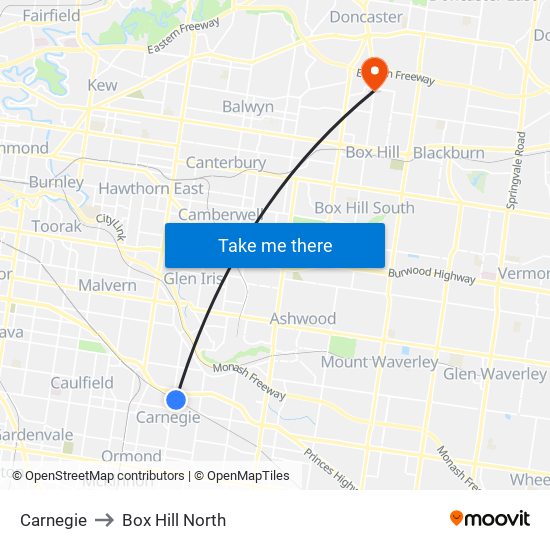 Carnegie to Box Hill North map