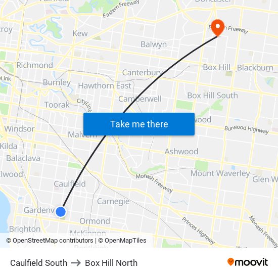 Caulfield South to Box Hill North map