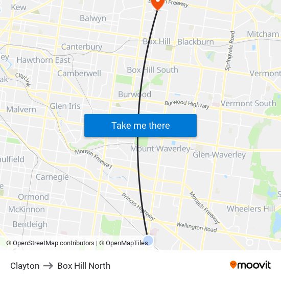 Clayton to Box Hill North map