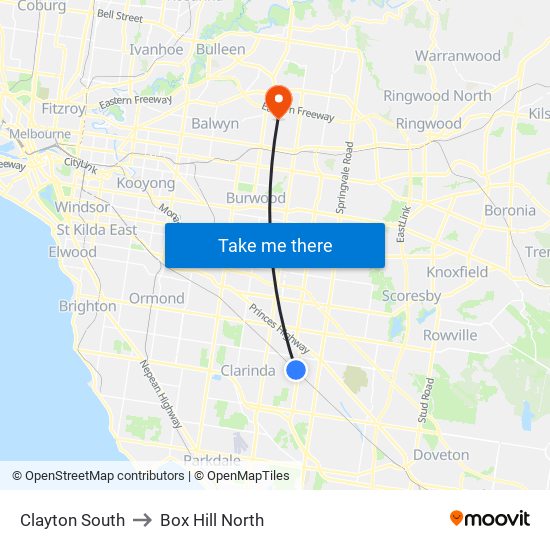 Clayton South to Box Hill North map