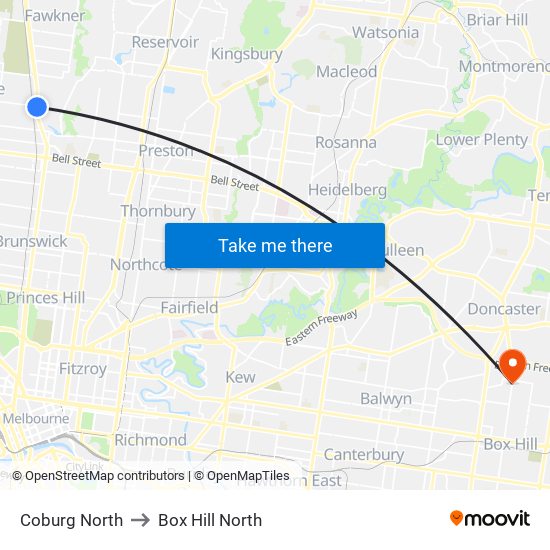 Coburg North to Box Hill North map