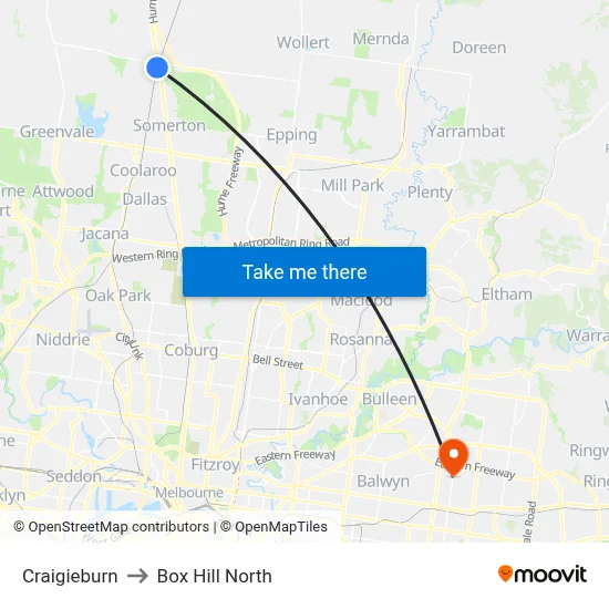 Craigieburn to Box Hill North map