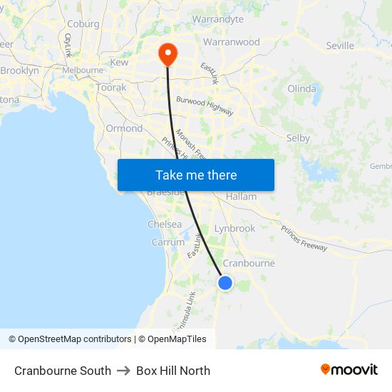Cranbourne South to Box Hill North map
