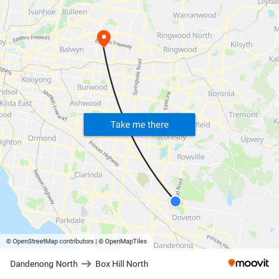 Dandenong North to Box Hill North map