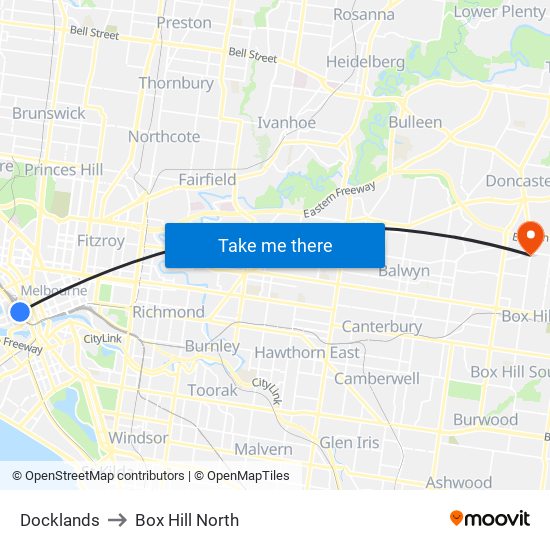 Docklands to Box Hill North map