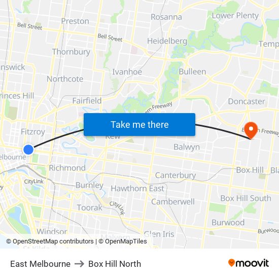 East Melbourne to Box Hill North map