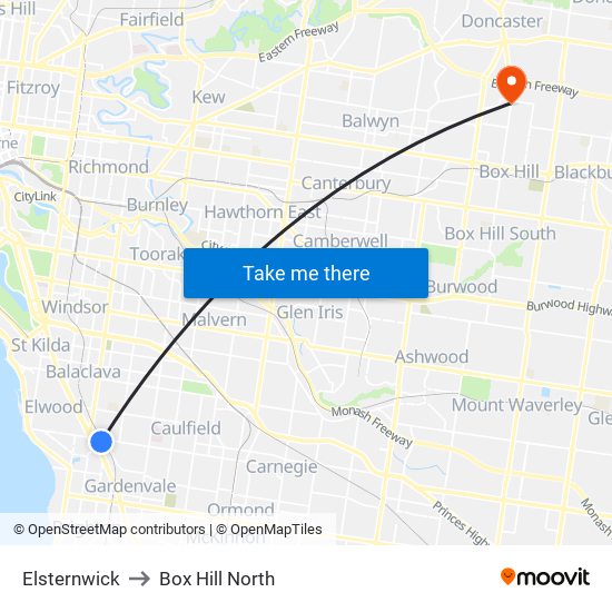 Elsternwick to Box Hill North map