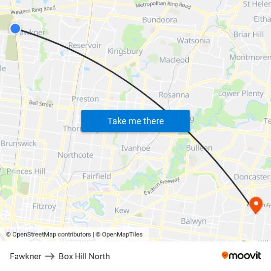 Fawkner to Box Hill North map