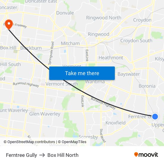 Ferntree Gully to Box Hill North map