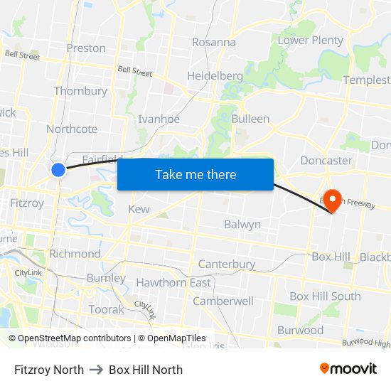 Fitzroy North to Box Hill North map