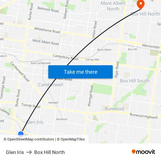 Glen Iris to Box Hill North map