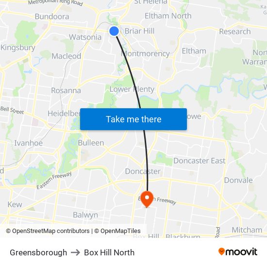 Greensborough to Box Hill North map