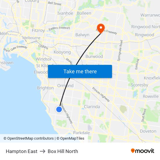 Hampton East to Box Hill North map