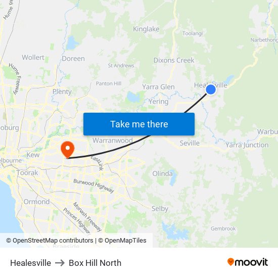 Healesville to Box Hill North map