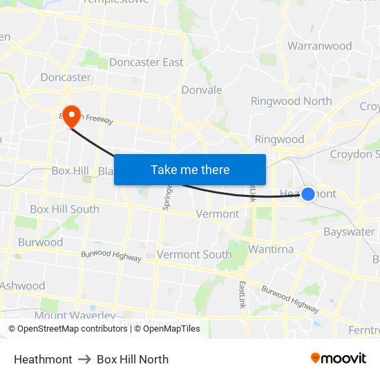 Heathmont to Box Hill North map