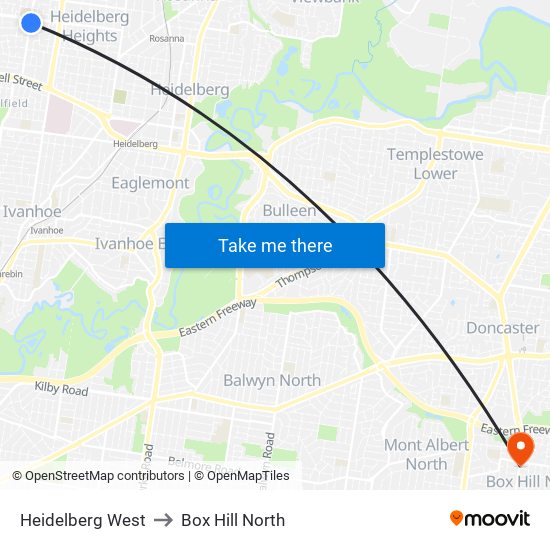 Heidelberg West to Box Hill North map