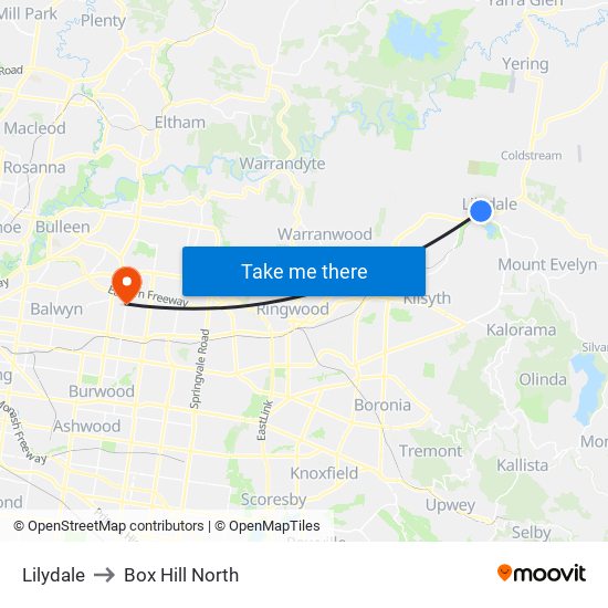 Lilydale to Box Hill North map