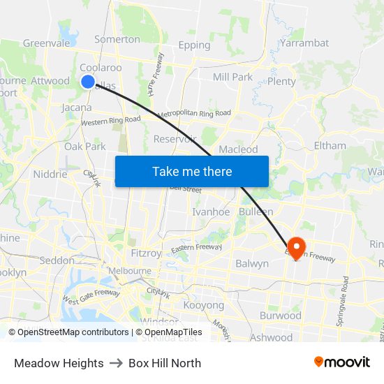 Meadow Heights to Box Hill North map