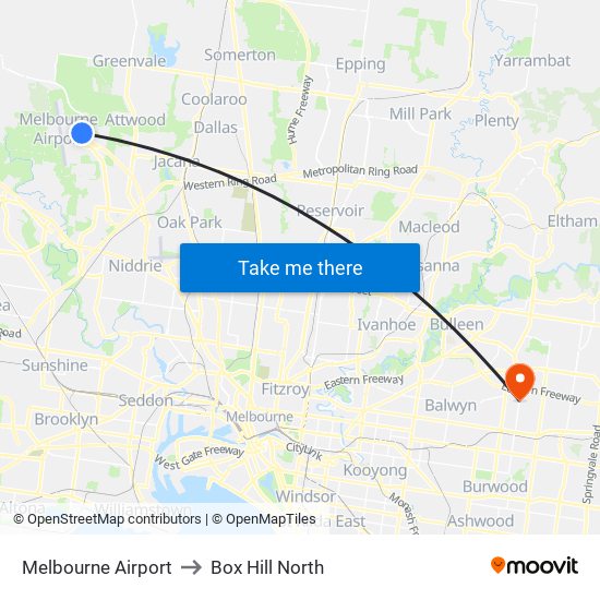 Melbourne Airport to Box Hill North map