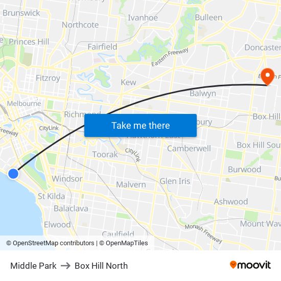 Middle Park to Box Hill North map