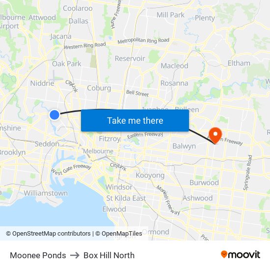 Moonee Ponds to Box Hill North map