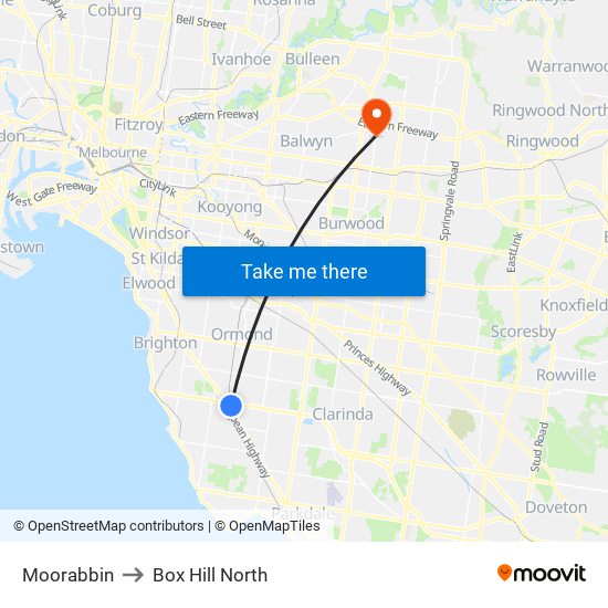 Moorabbin to Box Hill North map