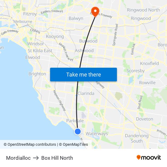 Mordialloc to Box Hill North map