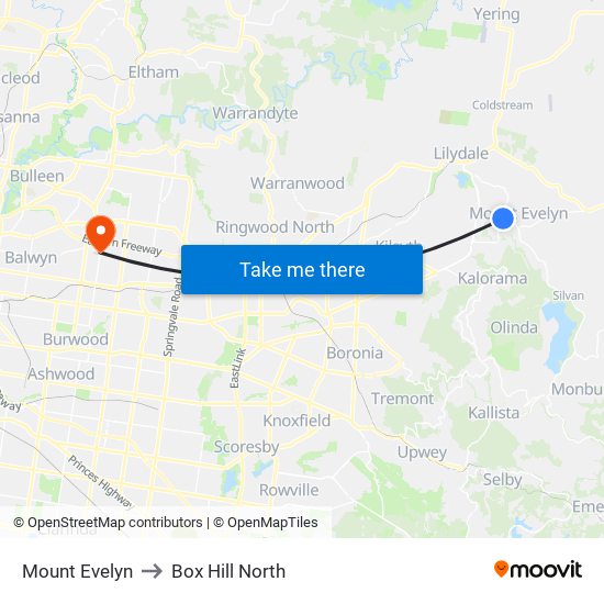 Mount Evelyn to Box Hill North map