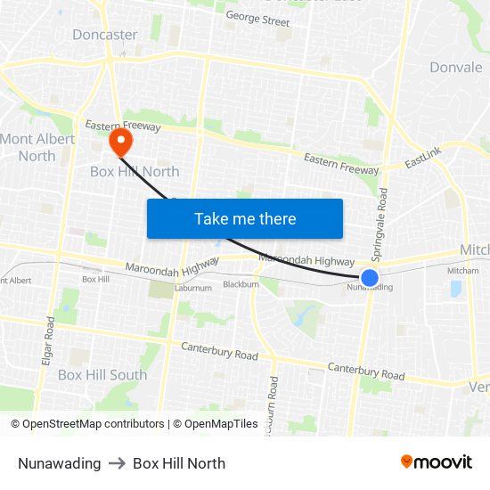 Nunawading to Box Hill North map