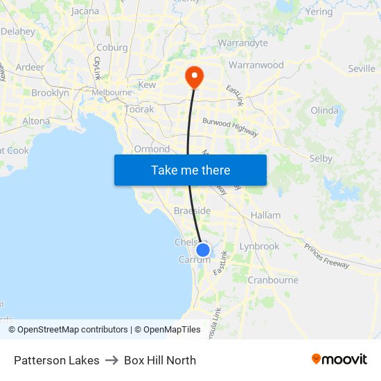 Patterson Lakes to Box Hill North map