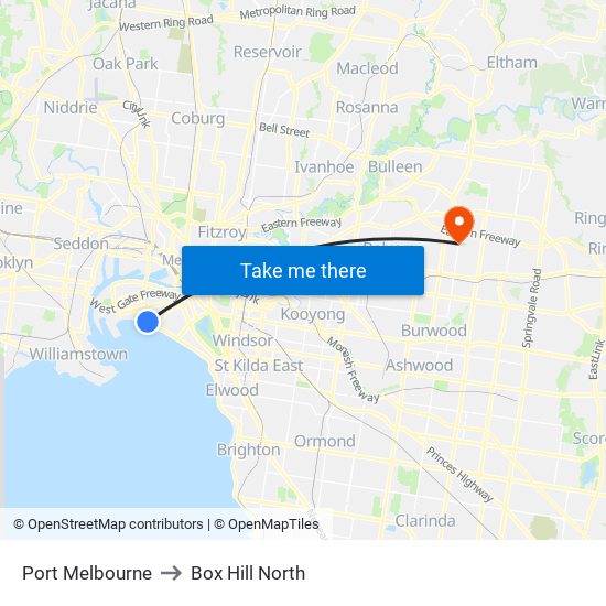 Port Melbourne to Box Hill North map