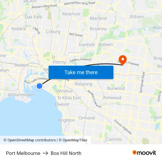 Port Melbourne to Box Hill North map