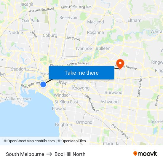 South Melbourne to Box Hill North map
