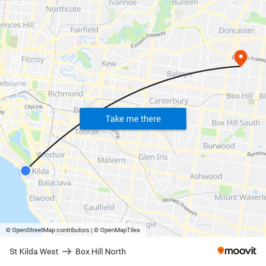 St Kilda West to Box Hill North map