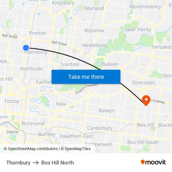 Thornbury to Box Hill North map