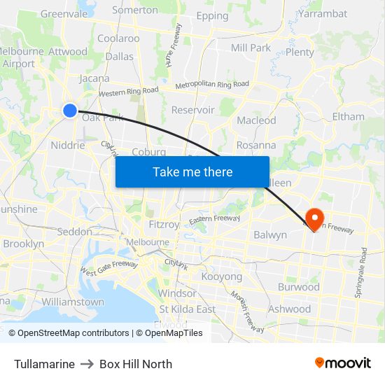 Tullamarine to Box Hill North map