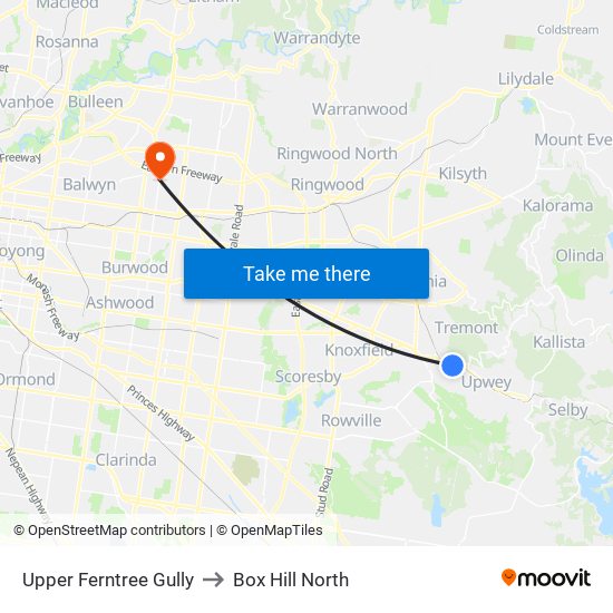 Upper Ferntree Gully to Box Hill North map