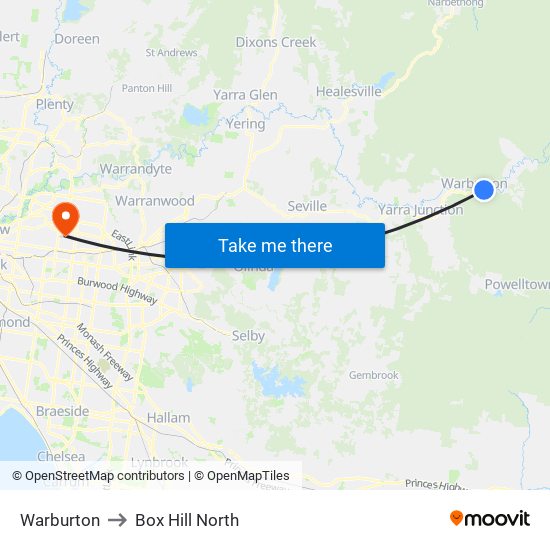 Warburton to Box Hill North map