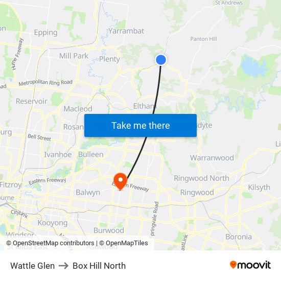 Wattle Glen to Box Hill North map