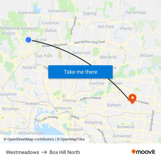 Westmeadows to Box Hill North map