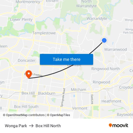 Wonga Park to Box Hill North map