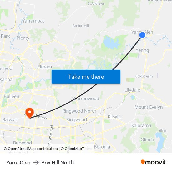 Yarra Glen to Box Hill North map