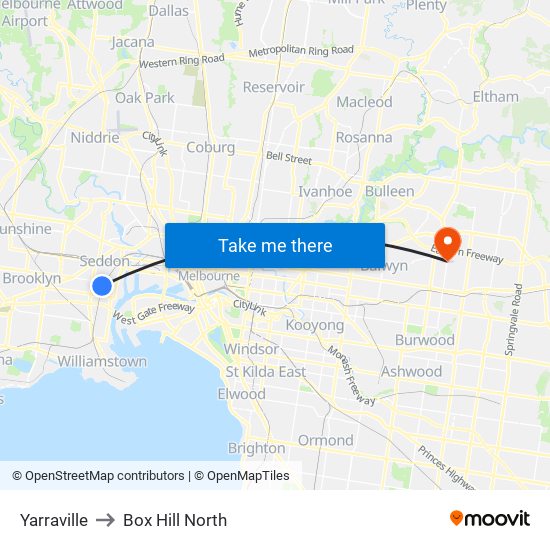 Yarraville to Box Hill North map