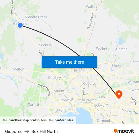 Gisborne to Box Hill North map